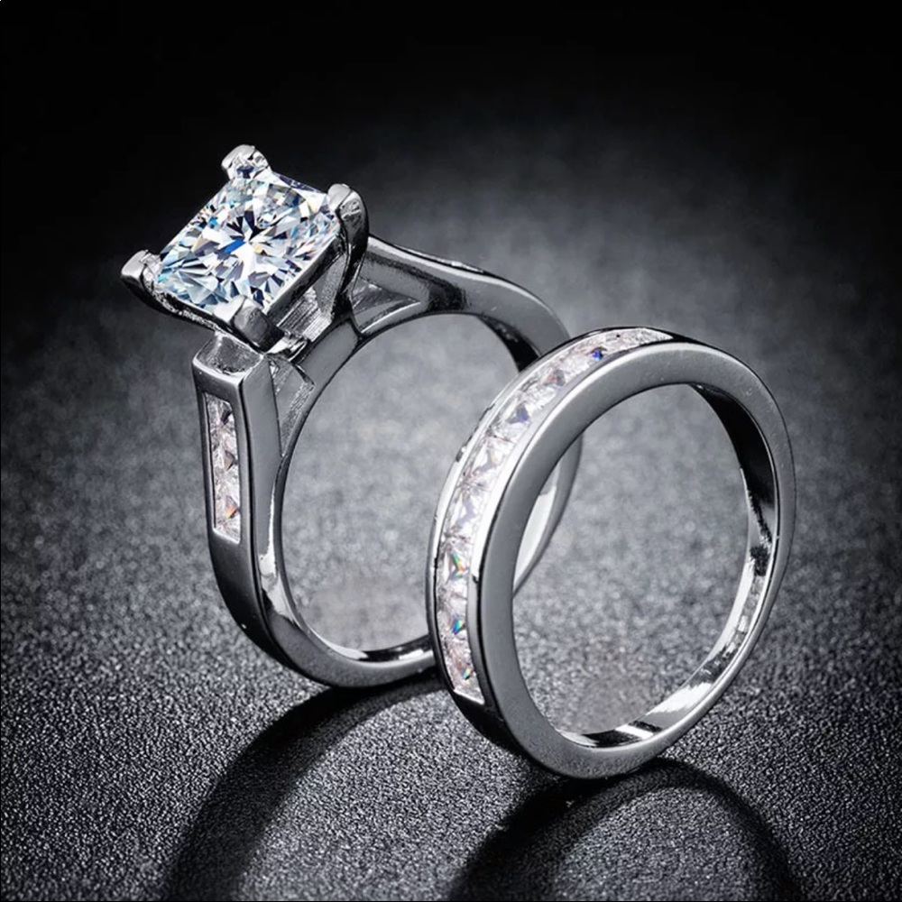 *NEW*2pc set 925 Silver Princess Cut Diamond Ring - Picture 5 of 5
